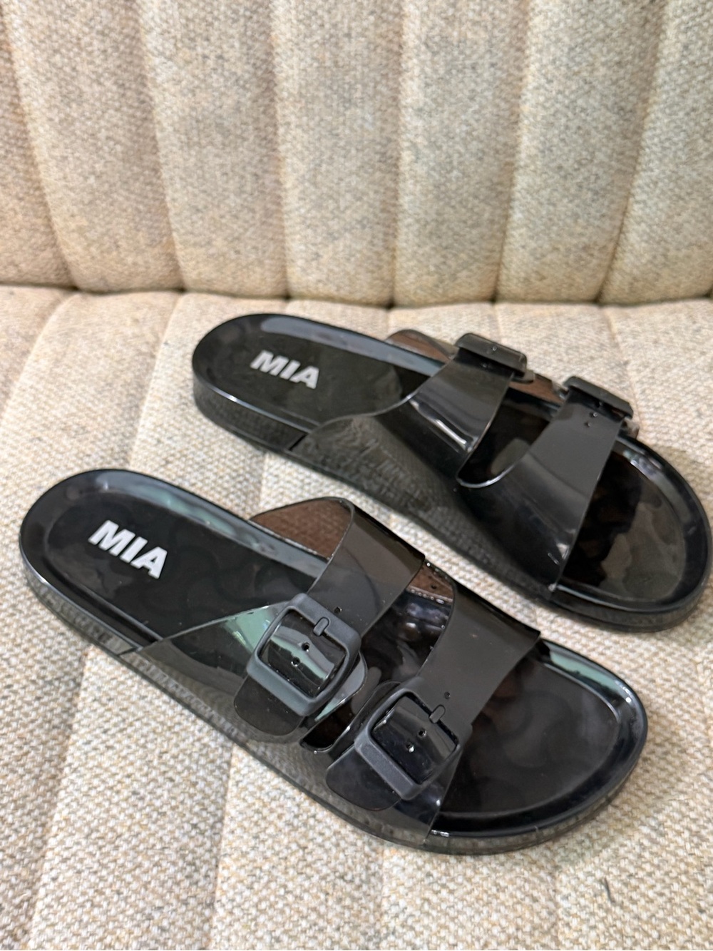 MIA Black Jelly Double-Buckle Slide Sandals, sz 9